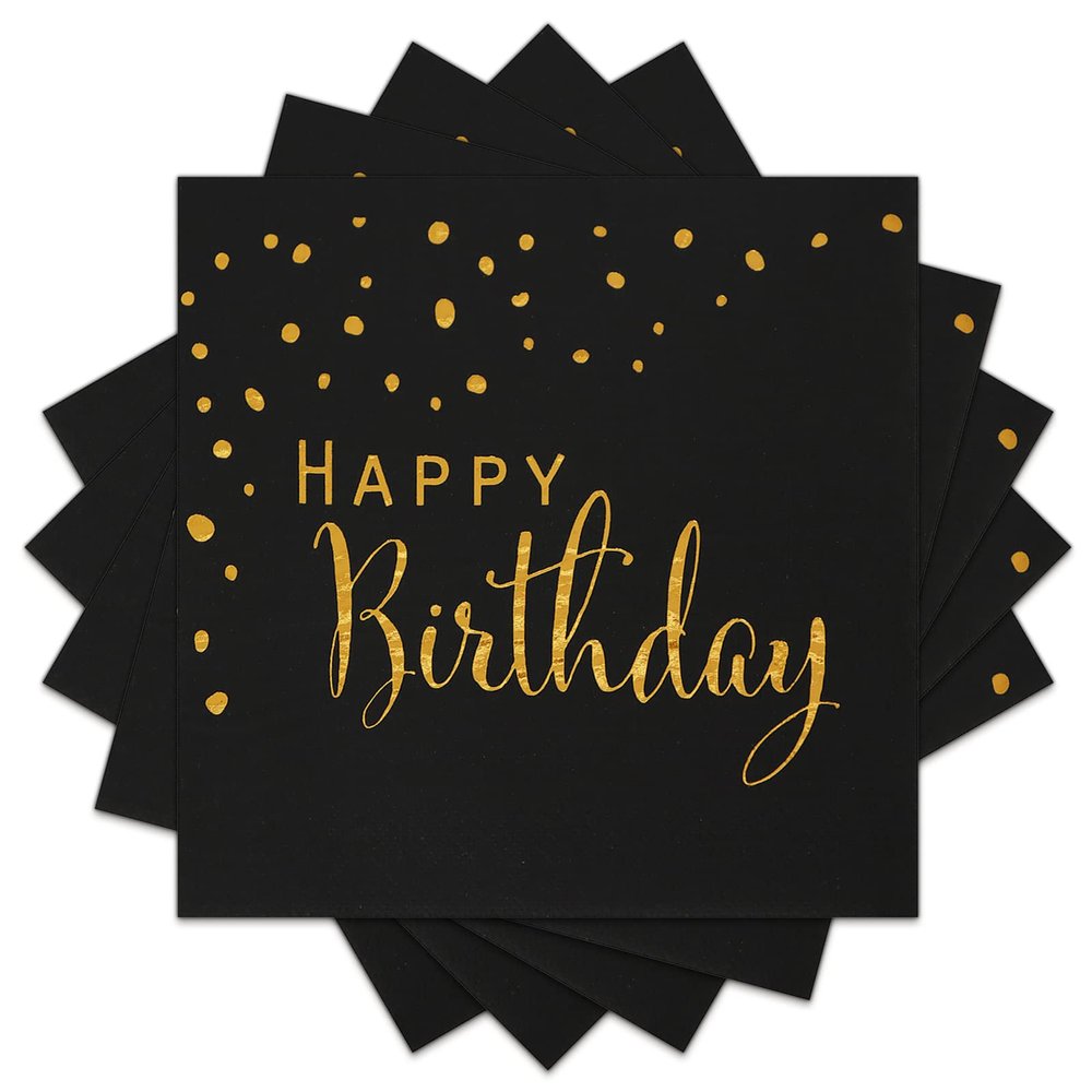 DYLIVeS Happy Birthday Napkins, Black and Gold Foil Dots Napkins Disposable Paper Napkins for Dinner Picnic Cocktail Birthday Party Supplies Decorations for Boy Man, 6.5 x 6.5 Inch (Pack of 50)
