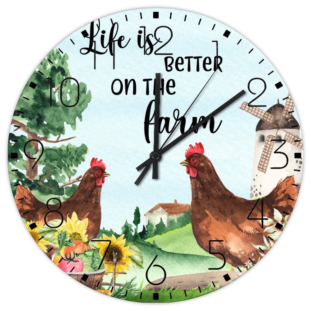 15 Inch Wood Wall Clock Life is Better on The Farm Coffee Decor for Garage Farmhouse Rooster Chicken Animal Wall Clocks Round Silent Non-Ticking Round Wooden Wall Clock Country for Gym Entryway