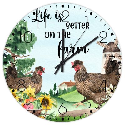 15" Silent Wall Clock Life is Better on The Farm Fireplace Decor for Office Farmhouse Chicken Farm Animal Wall Clocks Non Ticking Analog Round Wooden Wall Clock Rustic for Art Room Family Room