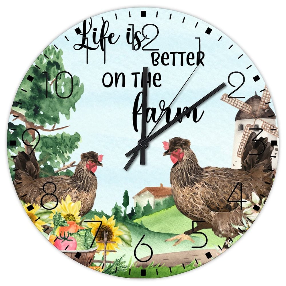 15" Silent Wall Clock Life is Better on The Farm Fireplace Decor for Office Farmhouse Chicken Farm Animal Wall Clocks Non Ticking Analog Round Wooden Wall Clock Rustic for Art Room Family Room