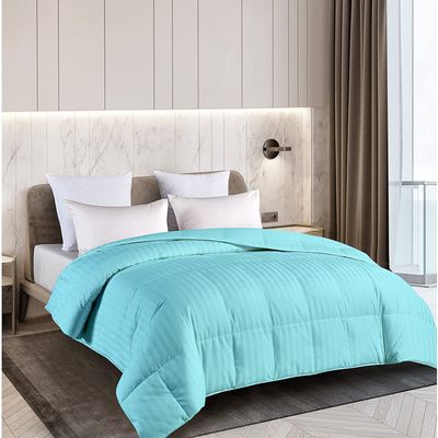 100% Natural Cotton All Season 1 Piece Eastern King Striped Comforter - Aqua Stripe Quilted Comforter with 4 Corner Tabs - 500 GSM Fill Lightweight Down Alternative Bedding Comforters Only