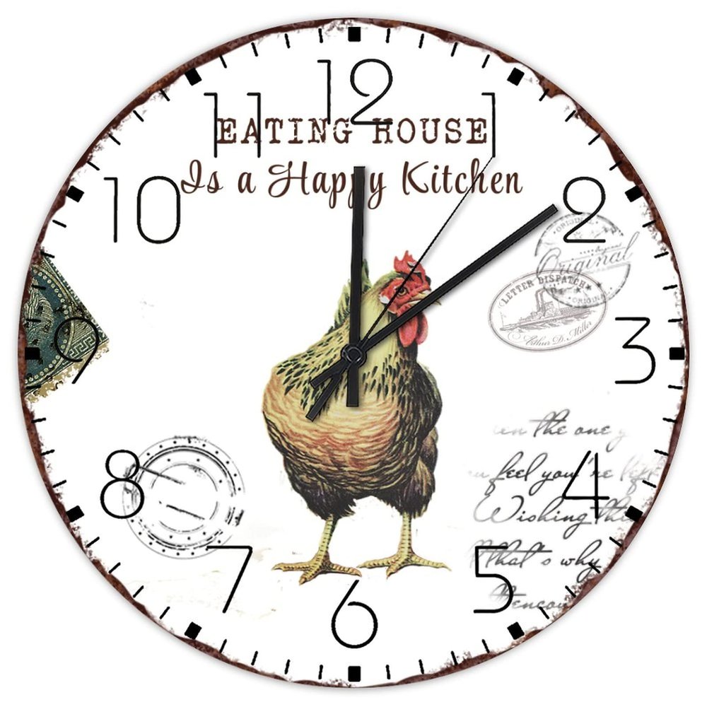 15" Silent Wall Clock Eating House is A Happy Kitchen Home Decor for Home Farmhouse Animal Picture Painting Wall Clocks Silent Non-Ticking Round Wooden Wall Clock Rustic for Art Room Girls Room