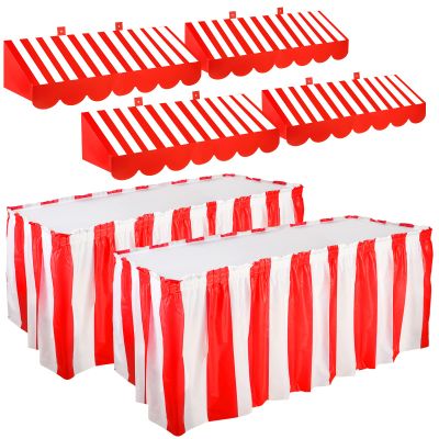 Tallew 6 Pcs 3D Circus Awning Wall Decorations and Stripe Table Skirts Cardboard Awning Tent Decors for Doors Window Classroom Concession Room Carnival Circus Party Decorations (Red and White)