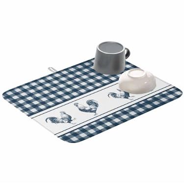 Vintage Farm Chicken Rooster Dish Drying Mats for Kitchen Counter Decor, Watercolor Buffalo Plaid Blue Microfiber Absorbent Dish Drainer/Rack Mat,Reversible Hangding Quick Drying kitchen Mat 16x18