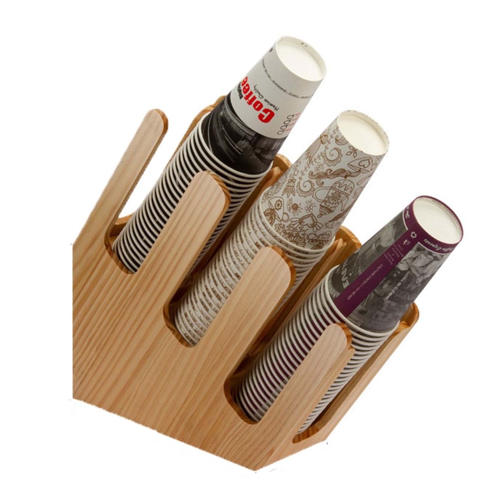 CARWERL Coffee Cup and Lid Wooden Storage Italic Rack Fits Cup with Caliber 10, Commercial Disposable Cup Storage Dispenser for Coffee Bar Buffet Organizer Holder,3 Compartment