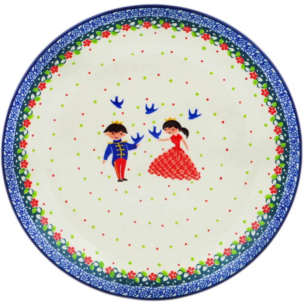 Polmedia Polish Pottery Dinner Plate UNIKAT - Bird Prince And Princess Pattern Handmade in Boleslawiec Poland by Ceramika Artystyczna + Certificate of Authenticity