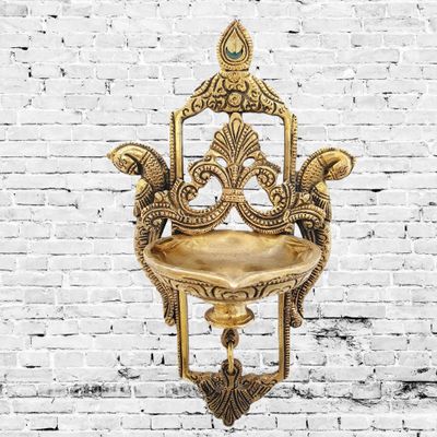 MohanJodero Brass Peacock Diya wall Hanging