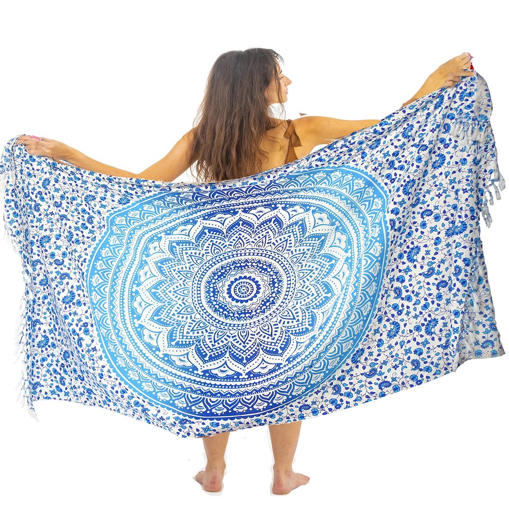 Blue Mandala Sarong - Plus Size Bikini Cover Up - Bohemian Pareo - Tapestry - Scarf