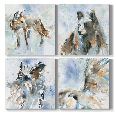 Renditions Gallery Watercolor Forest Animal Canvas Prints Wall Art Nursery Dcor for Kids Room Office Room Farmhouse, Set of 4 (24" x24" each)