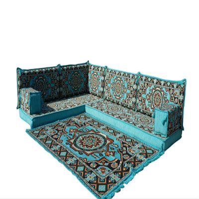 arabicsofa Light Blue Floor Sofa Seating Set, L Shape Set, Oriental Floor Seating, Floor Cushions, Sectional Sofa, Arabic Majlis, Arabic Jalsa (L Sofa + Rug, 4'' Thickness (10 cm))