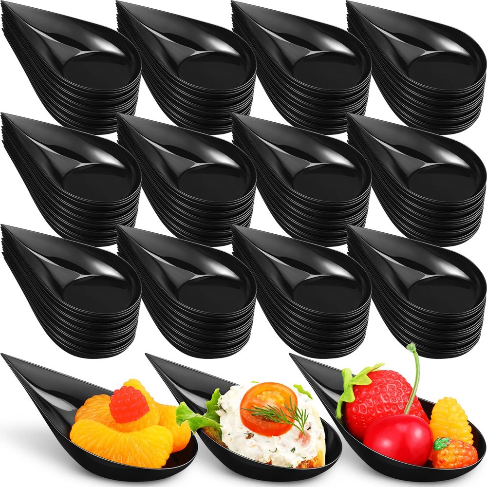 Gandeer 300 pack 4inch Tear Drop Mini Appetizer Plates Spoons Plastic Tasting Spoons, Dessert Bowls & Mini Dessert Containers Disposable Catering Supplies for Parties & Events(Black)