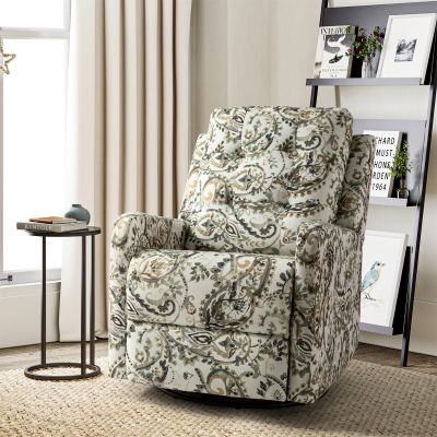 HULALA Home Recliner Chair Modern Printed Fabric for Living Room, Wingback Rocker Recliner Sofa Comfy Armchair 360 Degree Swivel, Nursery Rocking Chairs with Adjustable Backrest & Footrest/SAGE