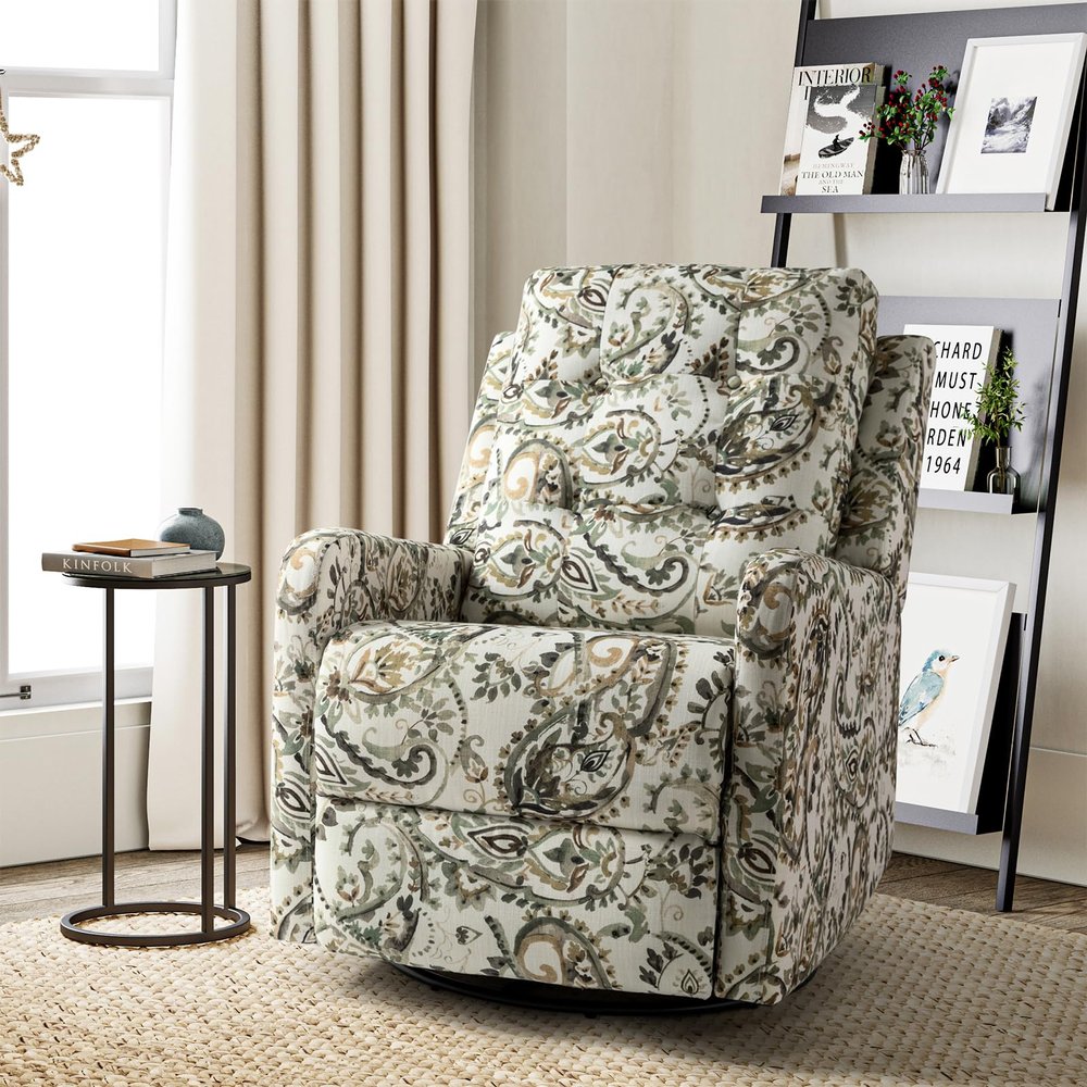HULALA Home Recliner Chair Modern Printed Fabric for Living Room, Wingback Rocker Recliner Sofa Comfy Armchair 360 Degree Swivel, Nursery Rocking Chairs with Adjustable Backrest & Footrest/SAGE