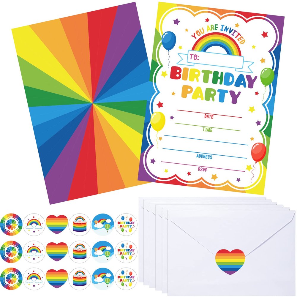 30 Pack Rainbow Birthday Party Invitations for Boys Girls Kids Birthday Invitations with 30 White Envelopes and 30 Seal Stickers Labels Rainbow Party Decorations Supplies Cards