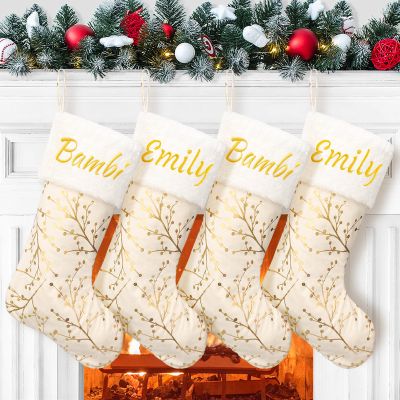 AtiMing Personalized Christmas Stockings Set of 6 Large Plush Cuff Customized Embroidery Christmas Stockings Custom Name Xmas Stockings with Golden Print for Christmas Holiday Fireplace Decoration