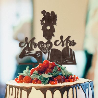 Bride and Groom on Motorcycle Silhouette Wedding Cake Topper Anniversary Cake Toppers Couple Married Engagement Cake Topper for Wedding Bride Gift Custom Wedding Cake Toppers Brown Wood Topper