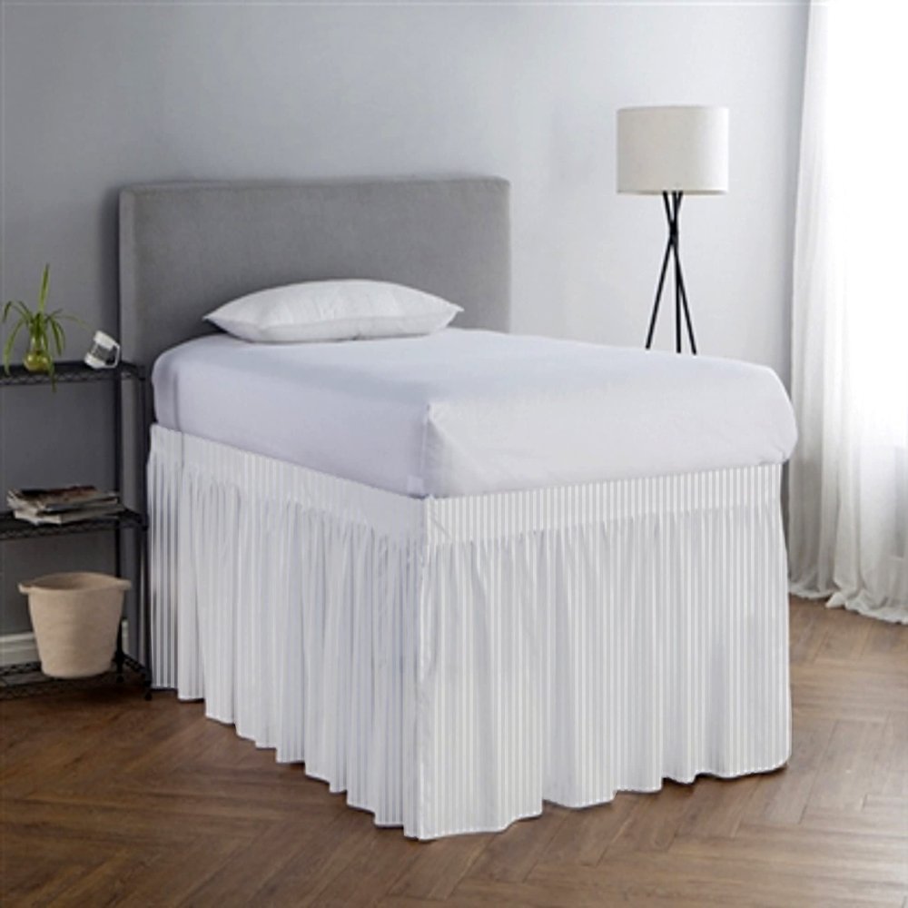 College Dorm Room Ruffled Gathered Bed Skirt Striped Pattern |32-Inch Drop| Extra Long Dorm Room, 100% Egyptian Cotton 600-TC Extra Long Dorm Room Bed Skirt - White Stripe, Twin-XL/32 Drop