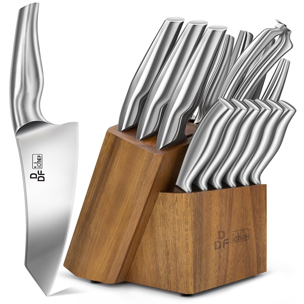 Kitchen Knife Set with Block, DDF iohEF 16 PCS Knife Sets for Kitchen with Block Japanese Stainless Steel, Ultra Sharp Chef Knife Set with Sharpener