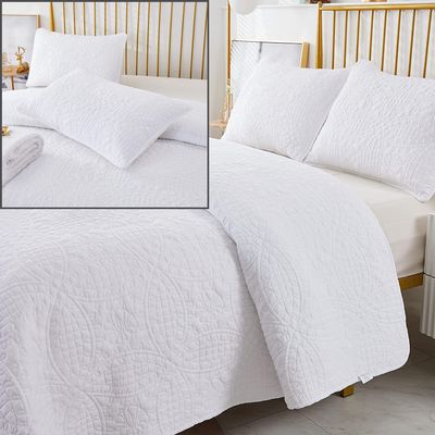 Brandream 5PC Quilt Bedding Set White Quilts Cotton Queen Size Quilted Comforter Set Luxury Stitching Coverlet Set