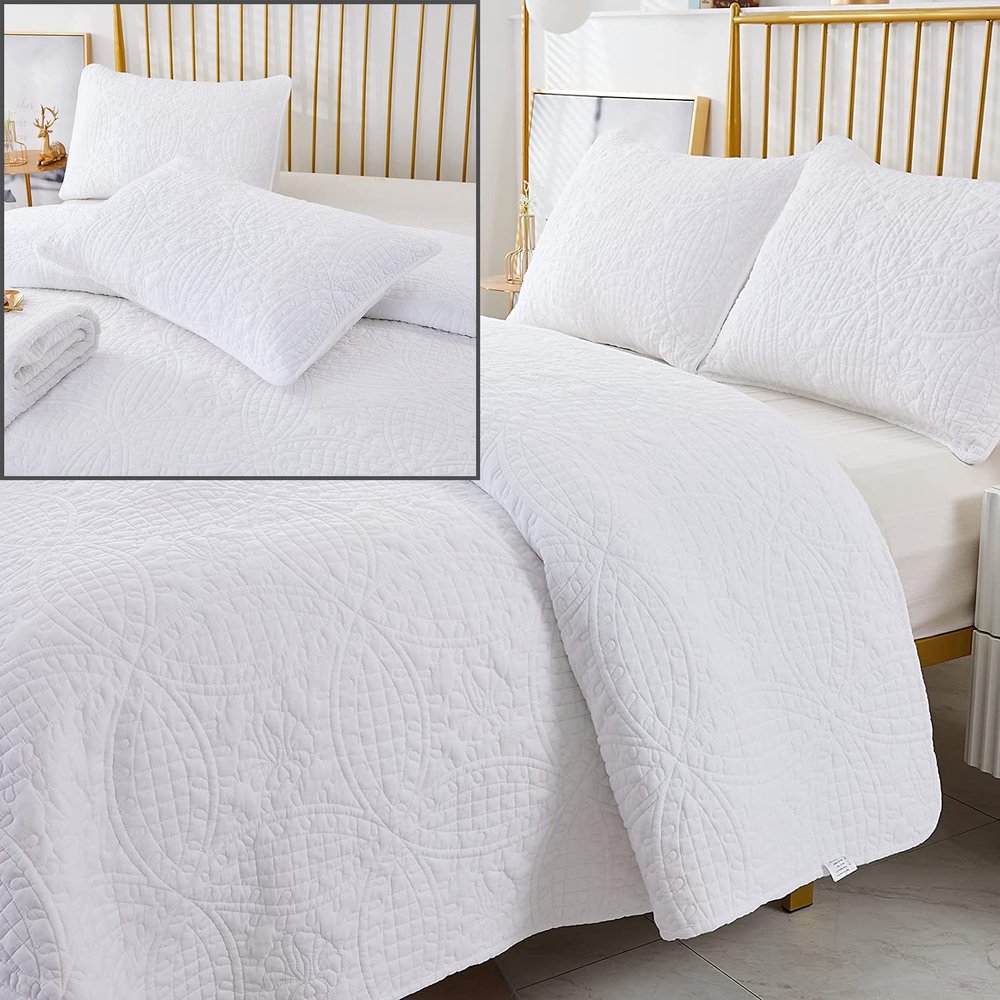 Brandream 5PC Quilt Bedding Set White Quilts Cotton Queen Size Quilted Comforter Set Luxury Stitching Coverlet Set