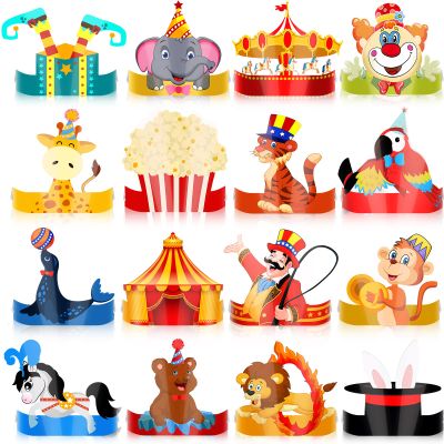 Woanger 32 Pcs Carnival Party Hats Welcome to The Carnival Red Blue Yellow Birthday Circus Headband with Ropes Paper Crown Animal Theme Party Decorations for Birthday Supply (Circus Style)