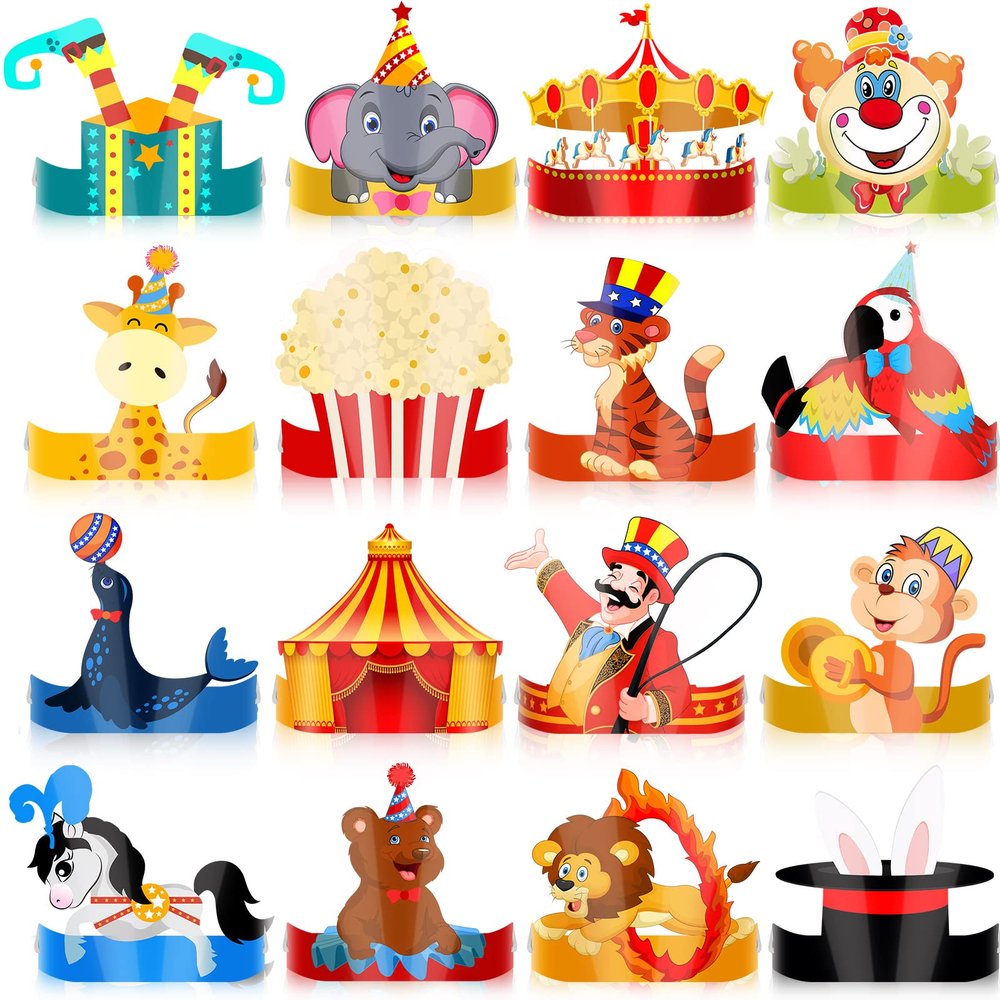 Woanger 32 Pcs Carnival Party Hats Welcome to The Carnival Red Blue Yellow Birthday Circus Headband with Ropes Paper Crown Animal Theme Party Decorations for Birthday Supply (Circus Style)