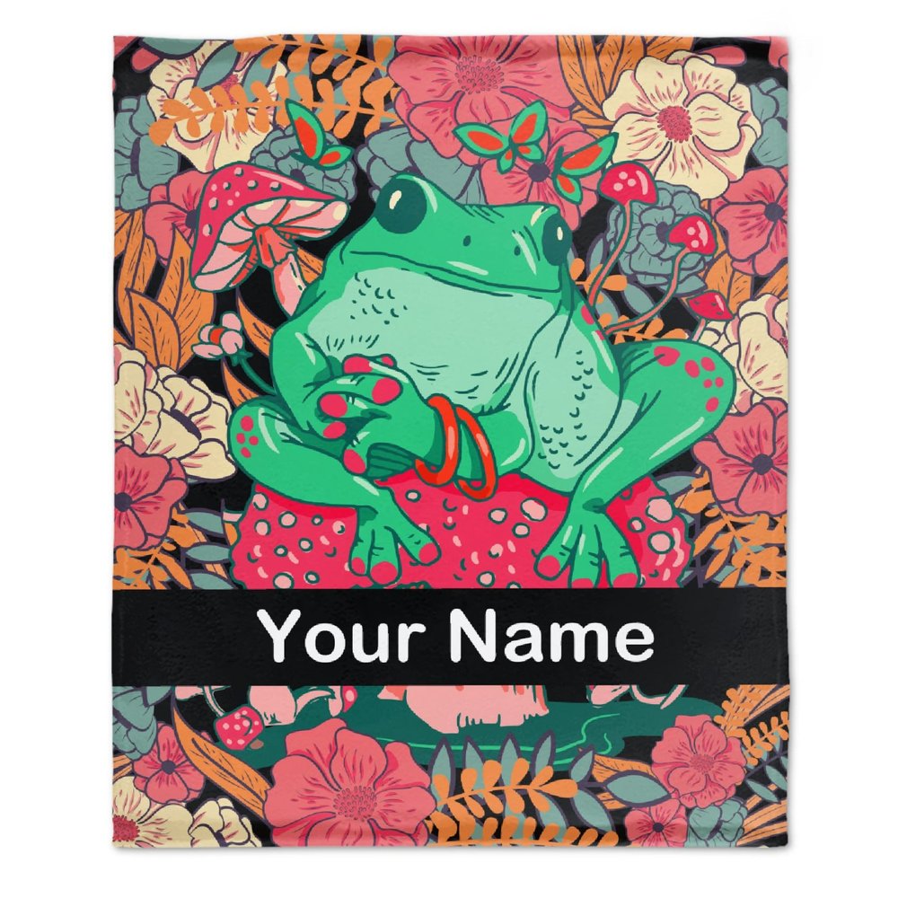 Anuruddha Personalized Blanket with Name, Floral Frog Custom Name Flannel Blankets Fluffy Cozy Frog Mushroom Throws for Couch/Bed Gifts for Loved Ones XL 90"120" for Family