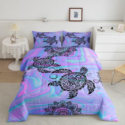Castle Fairy Kids Tie Dye Sea Turtle Comforter Sets Full Size,Mandala Flowers Tortoise Animal Bedding Comforters for Girls Teens,Purple Blue Marble Down Alternative with 2 Pillowcases, Ultra Soft