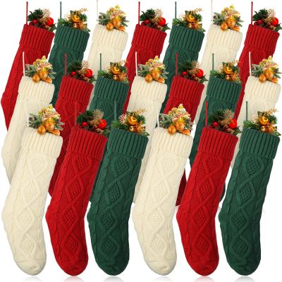 Jerify 20 Pcs18 Inch Christmas Stockings Handmade Knitted Christmas Stockings Large Cable Burgundy Green and Beige Hanging Stockings Set for Family Holiday Christmas Party Decorations Xmas Gift