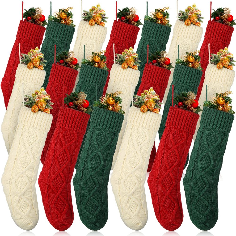 Jerify 20 Pcs18 Inch Christmas Stockings Handmade Knitted Christmas Stockings Large Cable Burgundy Green and Beige Hanging Stockings Set for Family Holiday Christmas Party Decorations Xmas Gift