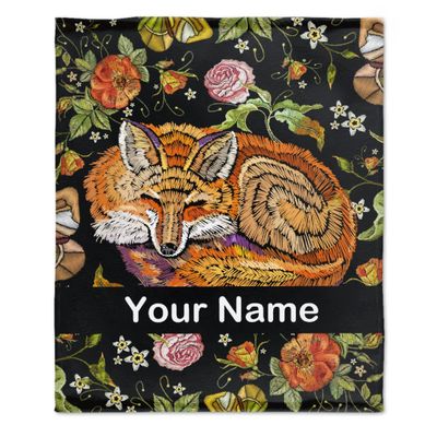 Anuruddha Personalized Blanket with Name, Floral Foxes Custom Name Flannel Blankets Fluffy Cozy Clever Foxes Throws for Couch/Bed Gifts for Loved Ones XL 90"120" for Family
