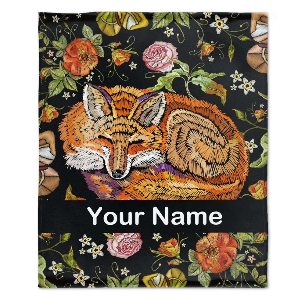 Anuruddha Personalized Blanket with Name, Floral Foxes Custom Name Flannel Blankets Fluffy Cozy Clever Foxes Throws for Couch/Bed Gifts for Loved Ones XL 90"120" for Family