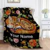 Anuruddha Personalized Blanket with Name, Floral Foxes Custom Name Flannel Blankets Fluffy Cozy Clever Foxes Throws for Couch/Bed Gifts for Loved Ones XL 90"120" for Family view 3
