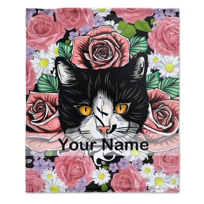 Anuruddha Personalized Blanket with Name, Floral Cat Custom Name Flannel Blankets Fluffy Cozy Cats Throws for Couch/Bed Gifts for Loved Ones XL 90"120" for Family
