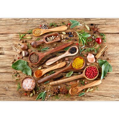 wall26 Removable Wall Sticker/Wall Mural Rustic Wooden Spoon Herb & Spice Flavor Variety Food & Kitchen Culinary & Cooking Photography Realism Decorative for Living Room, Bedroom, Office - 66"x96"