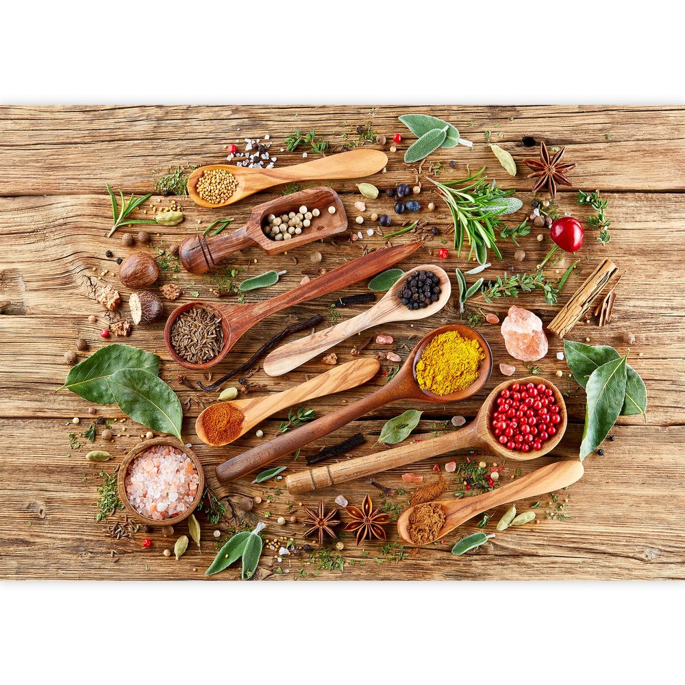 wall26 Removable Wall Sticker/Wall Mural Rustic Wooden Spoon Herb & Spice Flavor Variety Food & Kitchen Culinary & Cooking Photography Realism Decorative for Living Room, Bedroom, Office - 66"x96"