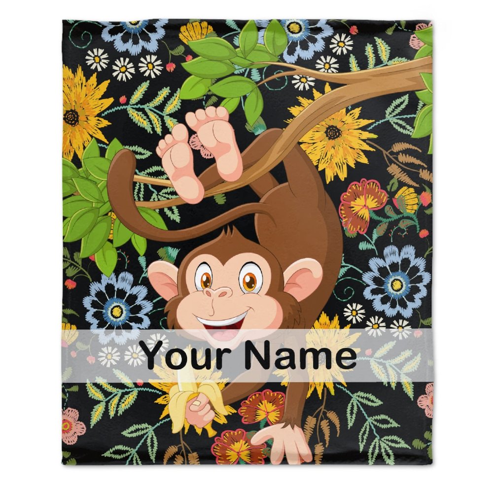Anuruddha Personalized Blanket with Name, Floral Monkey Custom Name Flannel Blankets Fluffy Cozy Cute Monkey Throws for Couch/Bed Gifts for Loved Ones XL 90"120" for Family