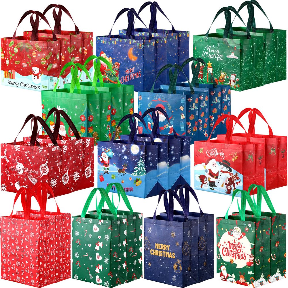 Xuniea 24 Pcs Large Christmas Tote Bags with Handles Multifunctional Christmas Bags Waterproof Gift Bag for Holiday