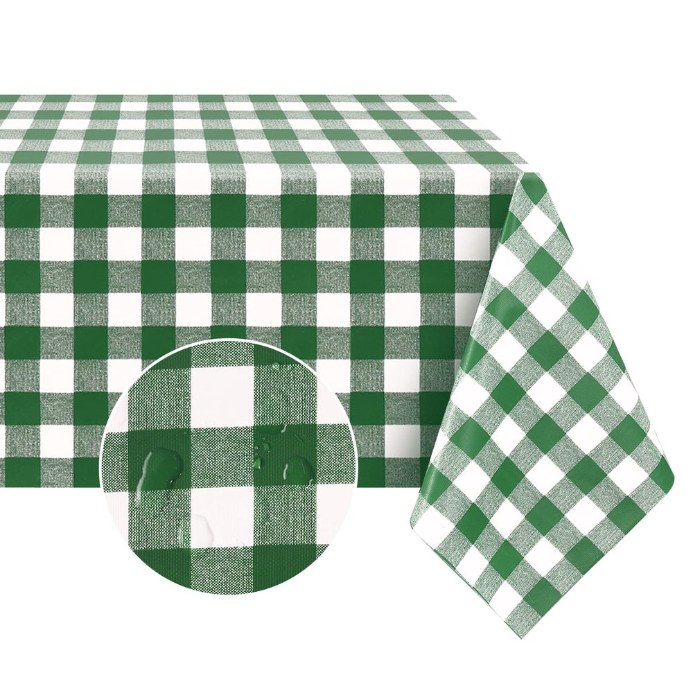 Romanstile Square Vinyl Tablecloth, 100% Waterproof Buffalo Gingham Plastic Table Cloth, Heavy Duty Wipeable Checkered Table Covers for Outdoor, Camping, Picnic, Patio - 54 x 54, Green and White