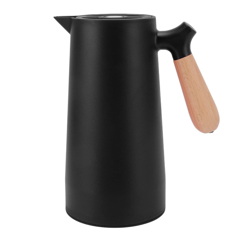 1L Thermal Coffee Carafe, Insulation Thermal Bottle with Wooden Handle, Electroplated Glass Liner, Double Layer Vacuum Process Heat Preservation Technology, Heat Preservation Time (Black)