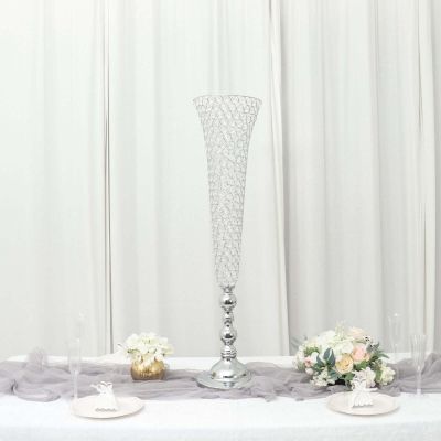 Efavormart 2 Pack | Silver 40 Tall Crystal Beaded Trumpet Vase Set, Table Centerpiece