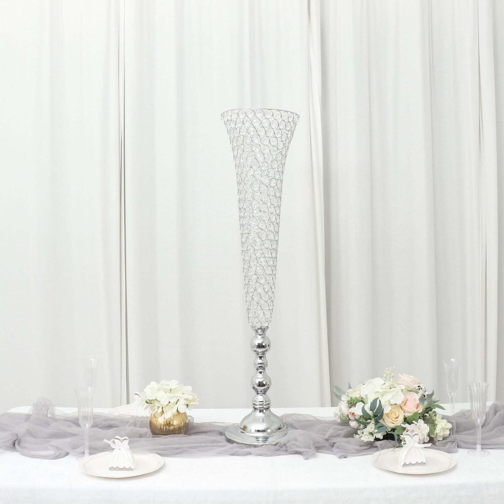 Efavormart 2 Pack | Silver 40 Tall Crystal Beaded Trumpet Vase Set, Table Centerpiece