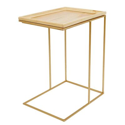 47th & Main Modern C-Shape Metal and Wood Side Table for Sofa Or Couch, Gold/Natural