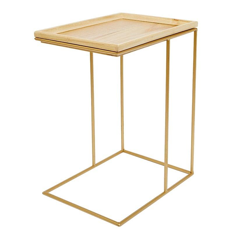 47th & Main Modern C-Shape Metal and Wood Side Table for Sofa Or Couch, Gold/Natural