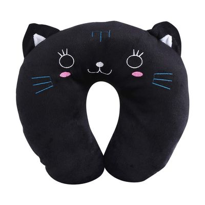 MOUMOUTEN U Shaped Small Soft Neck Support Pillow, PP Memory Cotton Car Head Rest Travel Cushion for Office Traveling Long Time Flight Adjustable Essentials (Black Cat)