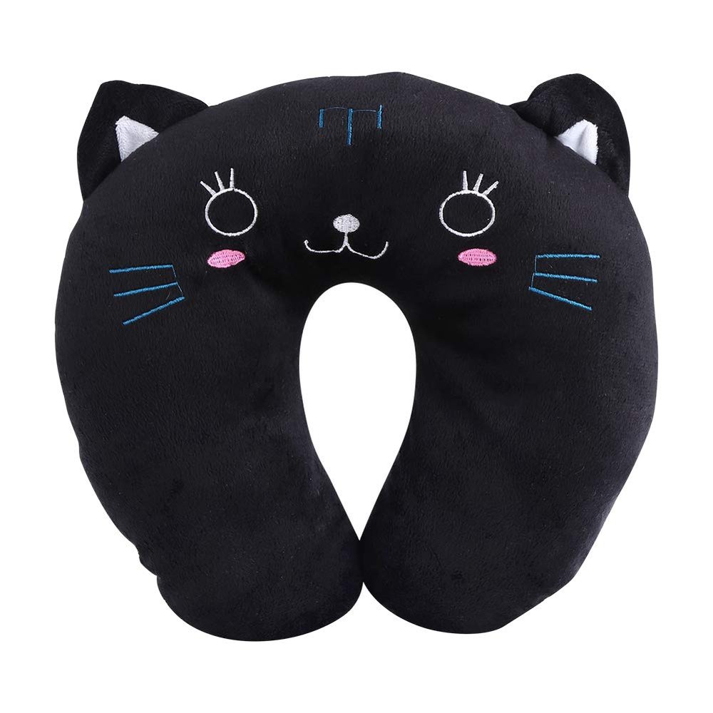 MOUMOUTEN U Shaped Small Soft Neck Support Pillow, PP Memory Cotton Car Head Rest Travel Cushion for Office Traveling Long Time Flight Adjustable Essentials (Black Cat)