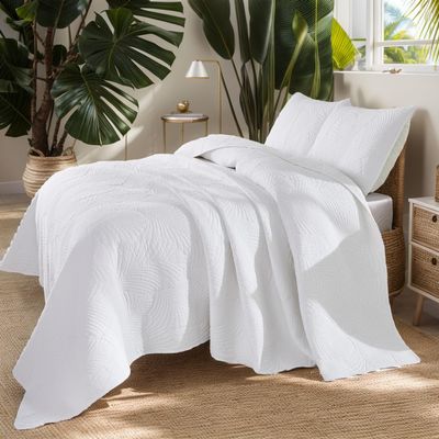 Brandream White Quilt Set King Size Cotton Tropical Palm Leaf Matelasse Coverlet Set 3-Piece