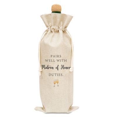 Eyouyeqi Wedding Gift Wine Bags - Pairs Well With Matron Of Honor Duties Themed Cotton Linen Wine Gift Bag With Drawstring, Bridal Shower Gifts for Sisters/Friends, Engagement Bag (1 Pack) - A14