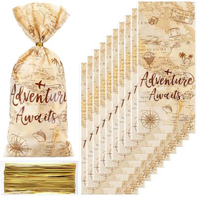 Frienda 100 Pcs Adventure Awaits Cellophane Treat Bags Adventure Party Decoration Travel Themed Candy Goodie Favor Bags World Map Birthday Party Plastic Bag for Travel Retirement Wedding