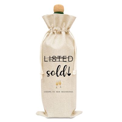 Eyouyeqi Housewarming Gift Wine Bags - Home Sweet Home Themed Cotton linen Wine Gifts Bag With Drawstring, New House Gifts for New Homeowner or Hostess, Realtor Gift to Clients(1 Pack) - A10